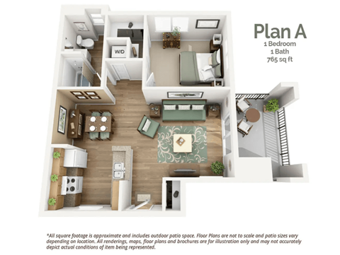 Floor plan for 1 bed, 1 bath, 765 sqft